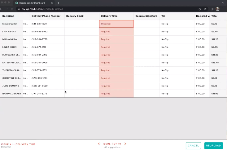 Sender order management: Creating bulk deliveries